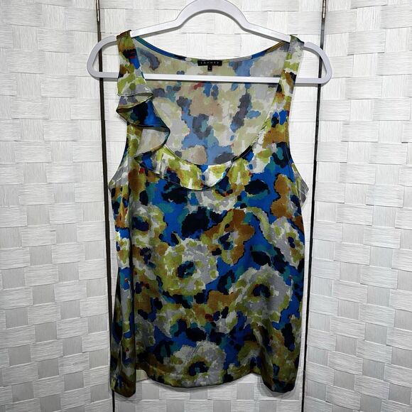 Theory Womens Silk Sleeveless Blouse Size Large Abstract Watercolor Ruffle Tank - Picture 9 of 12